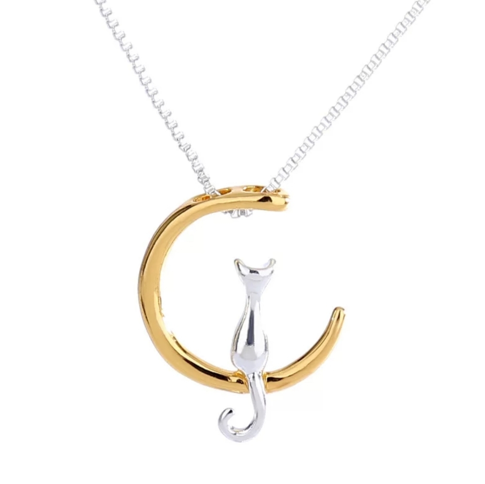 Magical Moon and cat silver necklace gold moon